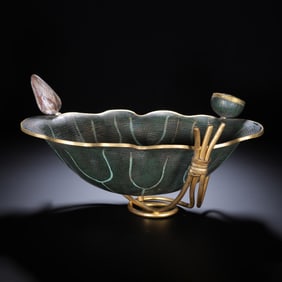 CLOISONNE ENAMEL LOTUS - SHAPED VESSEL WITH GOLDEN STAND
