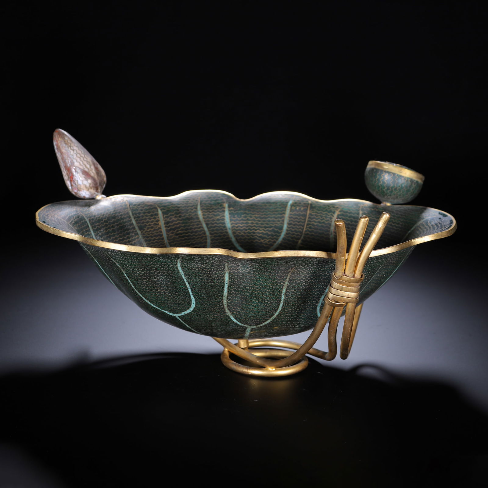 CLOISONNE ENAMEL LOTUS - SHAPED VESSEL WITH GOLDEN STAND