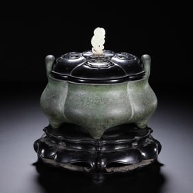 BRONZE INCENSE BURNER WITH JADE FINIAL AND WOODEN STAND