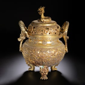 GILT - BRONZE INCENSE BURNER WITH DRAGON DECORATIONS