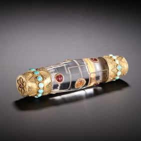 CRYSTAL ARTIFACT WITH GOLD AND GEMSTONE INLAYS