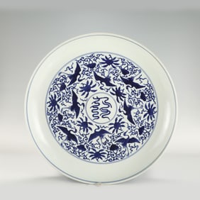 MING JIAJING BLUE AND WHITE CRANES PLATE