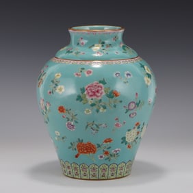 FAMILLE ROSE ON PEACOCK GREEN GROUND JAR