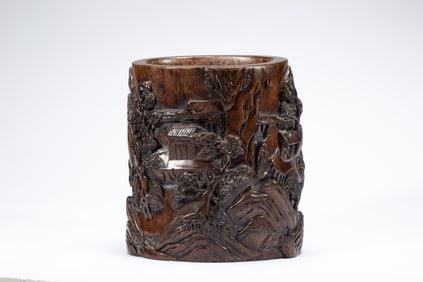 WOODEN BRUSH POT WITH LANDSCAPE CARVINGS