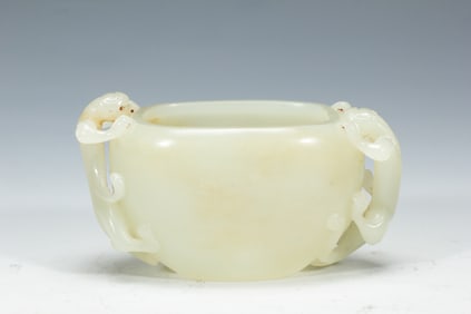 WHITE JADE WATER POT WITH MYTHICAL BEAST - SHAPED HANDLES