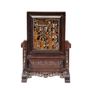 HUANGHUALI WOOD TABLE SCREEN WITH INTRICATE FIGURE AND PAVILION CARVINGS
