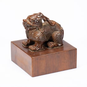 WOODEN SEAL WITH QILIN - SHAPED KNOB