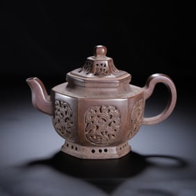HEXAGONAL YIXING CLAY TEAPOT WITH OPENWORK CARVINGS