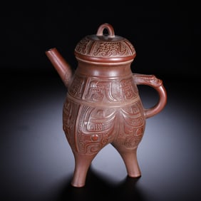 YIXING CLAY TEAPOT WITH ANCIENT - STYLE BRONZE - WARE PATTERNS