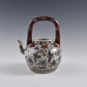 MING WANLI WUCAI CRANES PORCELAIN TEA POT