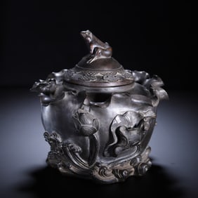 BRONZE INCENSE BURNER WITH LOTUS POND AND FROG PATTERNS