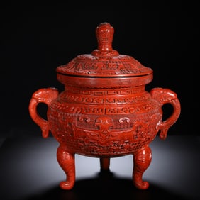 RED - CARVED INCENSE BURNER WITH BEAST - FACE PATTERNS