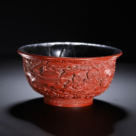 CARVED LACQUERWARE BOWL WITH SCENIC PATTERNS