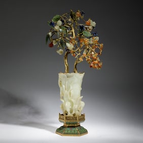 JADE VASE WITH INLAID GEMSTONE TREE