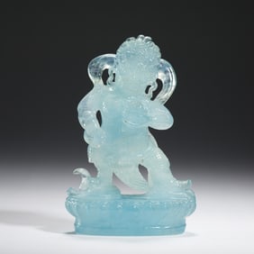 AQUAMARINE DEITY STATUE WITH INTRICATE CARVINGS