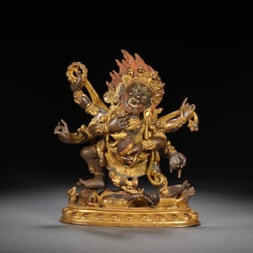 GILT - BRONZE MULTI - ARMED DEITY STATUE WITH INTRICATE CARVINGS
