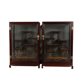 PAIR OF WOODEN DISPLAY CABINETS WITH GLASS DOORS AND INTRICATE SHELVING