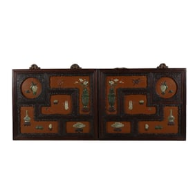 PAIR OF WOODEN WALL PANELS WITH INLAID DECORATIVE ELEMENTS