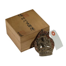 BRONZE DEITY STATUE WITH INSCRIBED WOODEN BOX