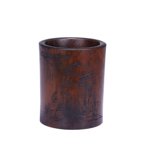 WOODEN BRUSH POT WITH BAMBOO AND ROCKERY CARVINGS