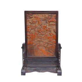 TRADITIONAL CHINESE SCREEN WITH BAMBOO - CARVED LITERATI GATHERING SCENE