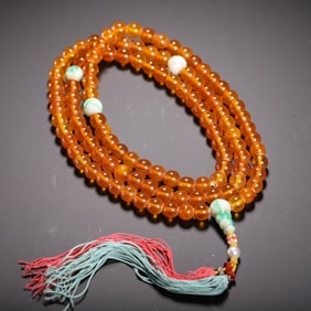 BUDDHIST PRAYER BEAD NECKLACE WITH AMBER AND JADE BEADS