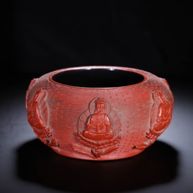 RED-CARVED LACQUER ALMS BOWL WITH BUDDHA PATTERNS