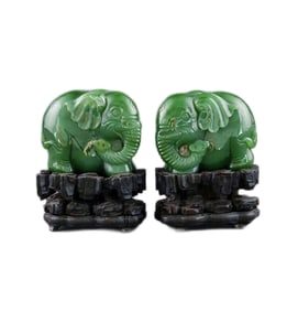 PAIR GREEN JADE ELEPHANT EFIGIES ON STANDS