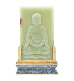 YELLOW JADE BUDDHA TABLE SCREEN ON CLOISONNE STAND