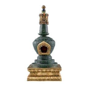 CHINESE GREEN JADE AND GILT BRONZE INLAID STUPA
