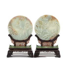 PAIR OF CIRCULAR JADE PANORAMIC TABLE SCREENS