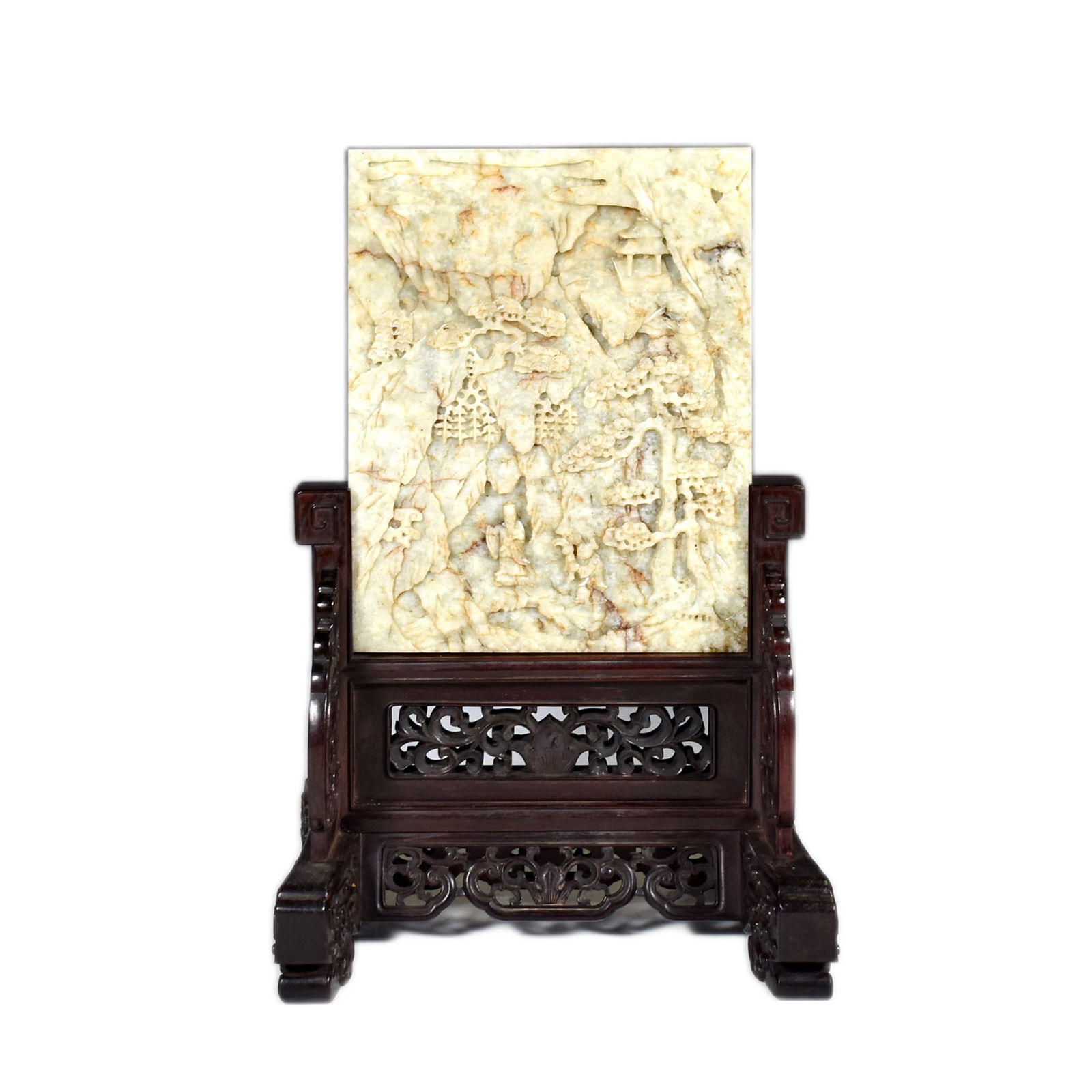 CARVED JADE LANDSCAPE TABLE SCREEN: Dimensions: :263.525mm H x 203.2mm W Weight: 2,223.5g Stand9-1/2" H Chinese Qing natural Nephrite jade table screen with waterside mountainous landscape motif. The celadon nephrite jade with semi-prec
