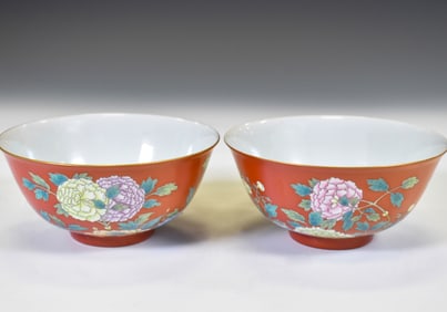 PR YONGZHENG FAMILLE ROSE FLORAL OVER RED GROUND BOWLS