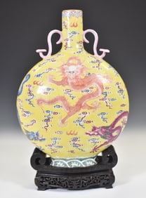 QIANLONG FAMILLE ROSE DRAGON MOON VASE ON STAND