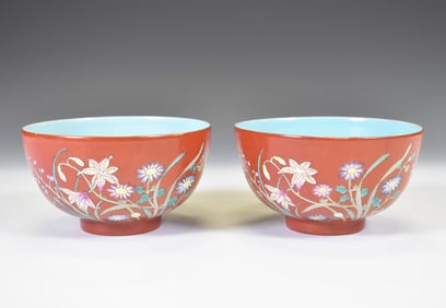 PR YONGZHENG FAMILLE ROSE CHRYSHANTEMUMN OVER RED GROUND BOWLS