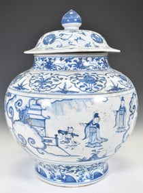 MING BLUE & WHITE FIGURINES MOTIF LIDDED JAR