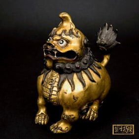 18/19TH C GILT BRONZE QILIN COVERED CENSER ON STAND