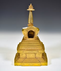 QING GILT BRONZE STUPA BUDDHA HOUSE