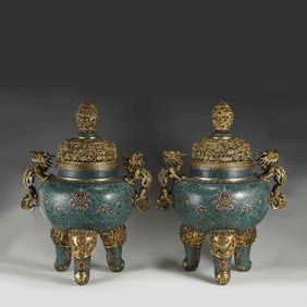 PAIR QING GILT BRONZE CLOISONNE LARGE INCENSE BURNERS