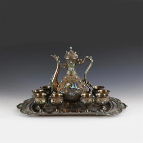 CHINESE CHAMPLEVE SILVER GILT & STONES INLAID ENAMELED