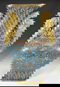 MAGNIFICENT CLOISONNE ENAMEL VASE WITH GILT PHOENIX HANDLES