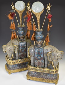LARGE PAIR OF GILT BRONZE CLOISONNE ELEPHANTS