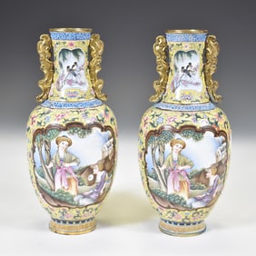 PAIR GILT BRONZE ENAMEL AMPHORA VASE