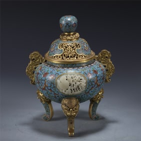 QING QIANLONG GILT BRONZE CLOISONNE INLAID JADE INCENSE BURNER