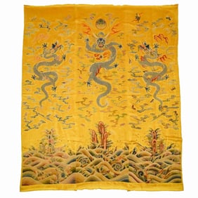 LARGE CHINESE EMBROIDERY SILK DRAGON MOTIF ON YELLOW GROUND