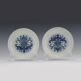 PAIR BLUE AND WHITE FUBATS & LONGEVITY PORCELAIN PLATES