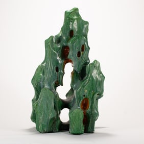 A CHINESE FAMILLE JAUNE PORCELAIN CARVING SCHOLAR ROCK