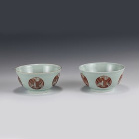 PAIR DOUQING IRON RED MYTHICAL BEAST MOTIF BOWLS