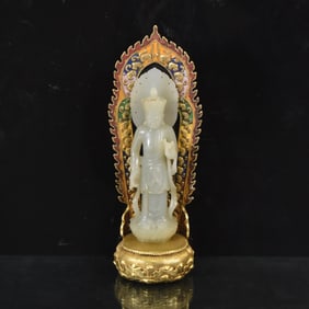 WHITE JADE GUANYIN ON GILT BRONZE AURA THRONE