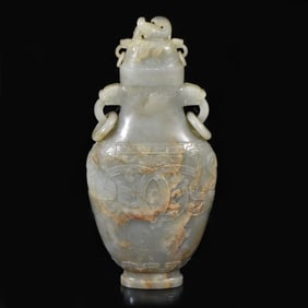 CHINESE CELADON & RUSSET JADE VASE WITH LOOSE RINGS